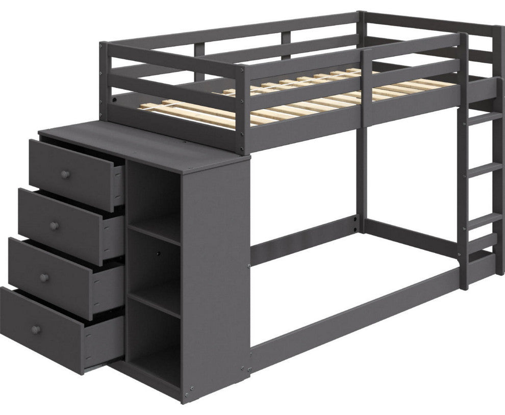 Benzara BM284031 Twin Bunk Bed With Cabinet, 3 Compartments, Ladder, Gray