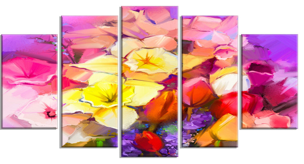 Bouquet of Daffodil and Tulip Flowers, Floral Canvas Print, 60"x32", 5 Panels