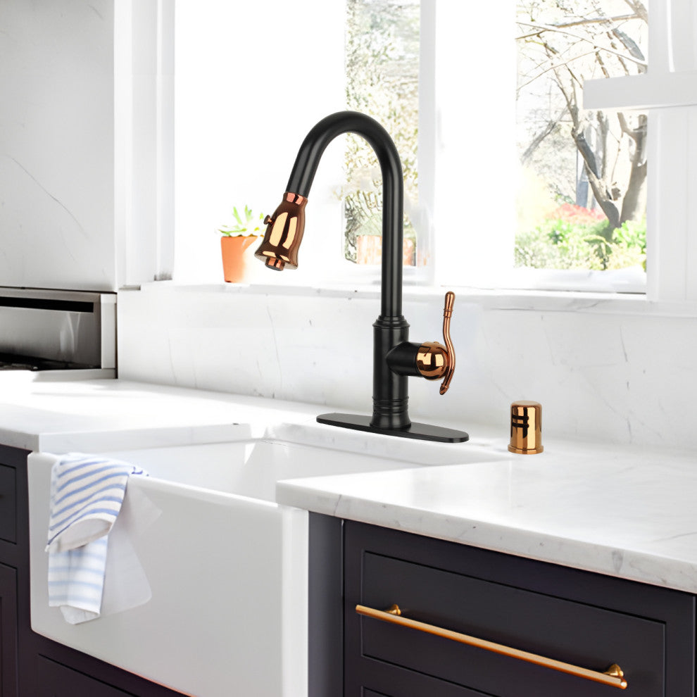 Pull Down Kitchen Faucet and Deck Plate, Two-Tone Matte Black and Rose Gold
