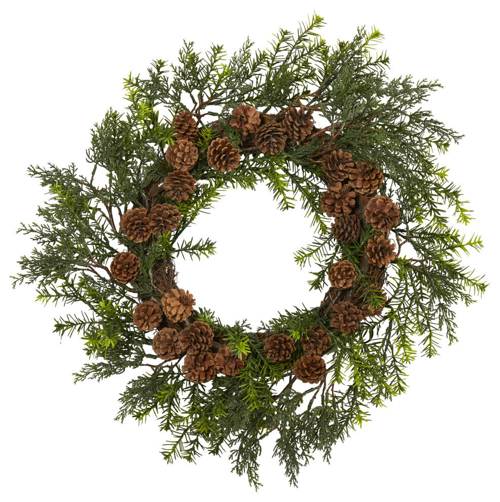 22ï¿½ Cedar, Grass and Pine Cone Artificial Wreath UV Resistant (Indoor/Outdoor)