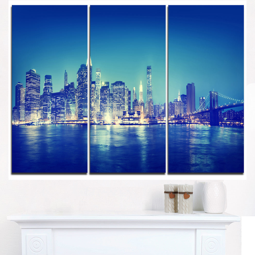 "Blue New York City at Night Panorama" Metal Wall Art, 3 Panels, 36"x28"