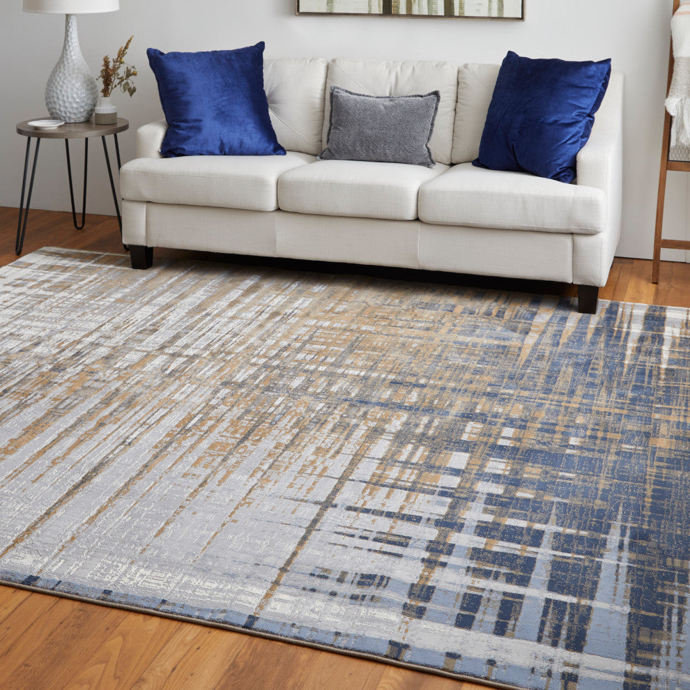 Takara Modern Abstract, Blue/Orange/Gray, 5'x7'6" Area Rug