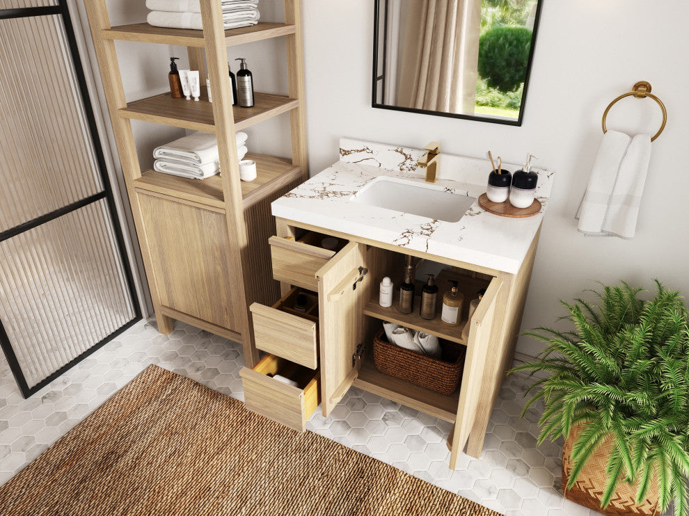 Elizabeth Oak 36" Center Sink Vanity, White 2" Venatino Quartz