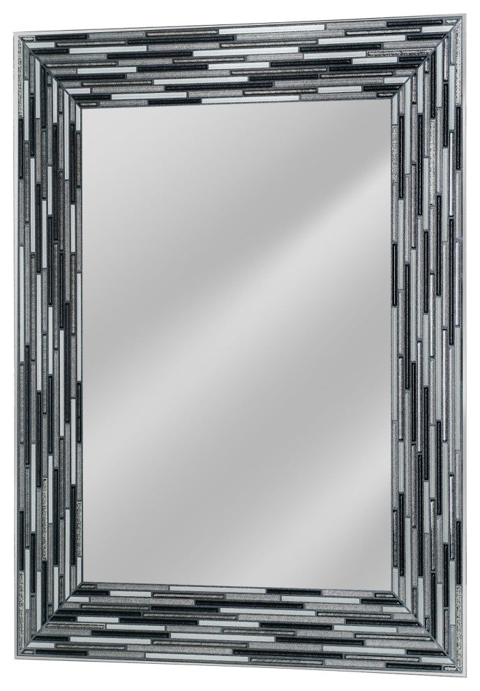 Frameless Glass Reeded Simulated Tile Printed Wall Mirror, Black