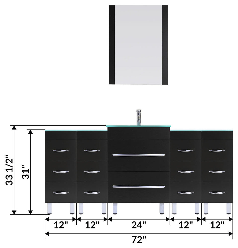 72" Black Vanity, 24" Single Sink Base, Quad 12 Drawer Bases, LV4-C7-72-B