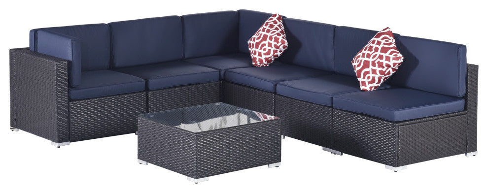 7 Pieces Outdoor Wicker U-Shaped Patio Sectional With Cushions, Dark Blue