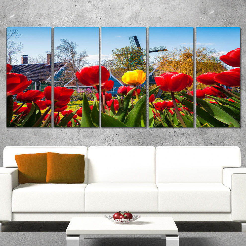 Tulips in the Netherlands Village, Floral Canvas Print, 60"x28", 5 Panels