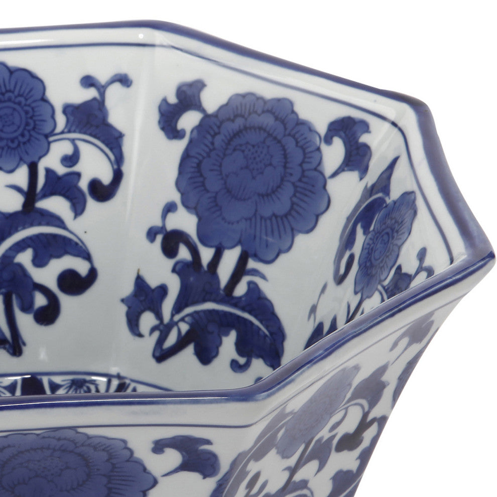 Benzara BM285587 11" Bowl With Floral Pattern on Blue and White Porcelain