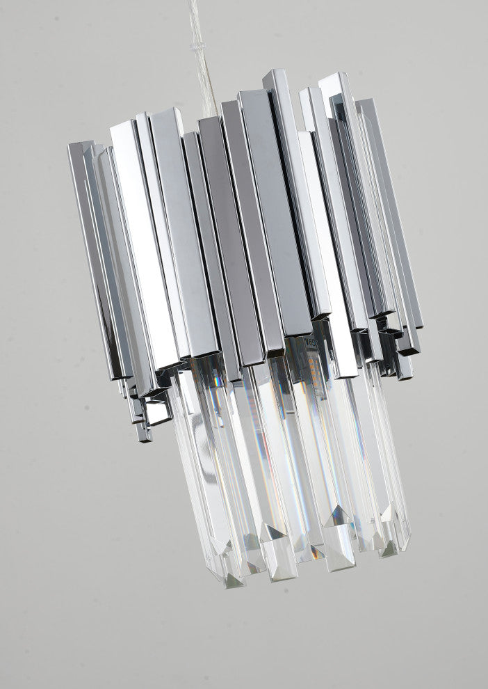 Shiny Nickel Stainless Steel Frame Single Pendant Light, Clear Crystal Drops