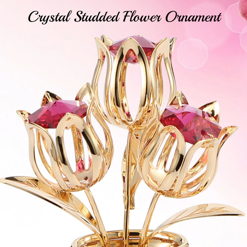 24K Gold Plated Crystal Studded Flower With Butterfly Ornament, Red Crystals
