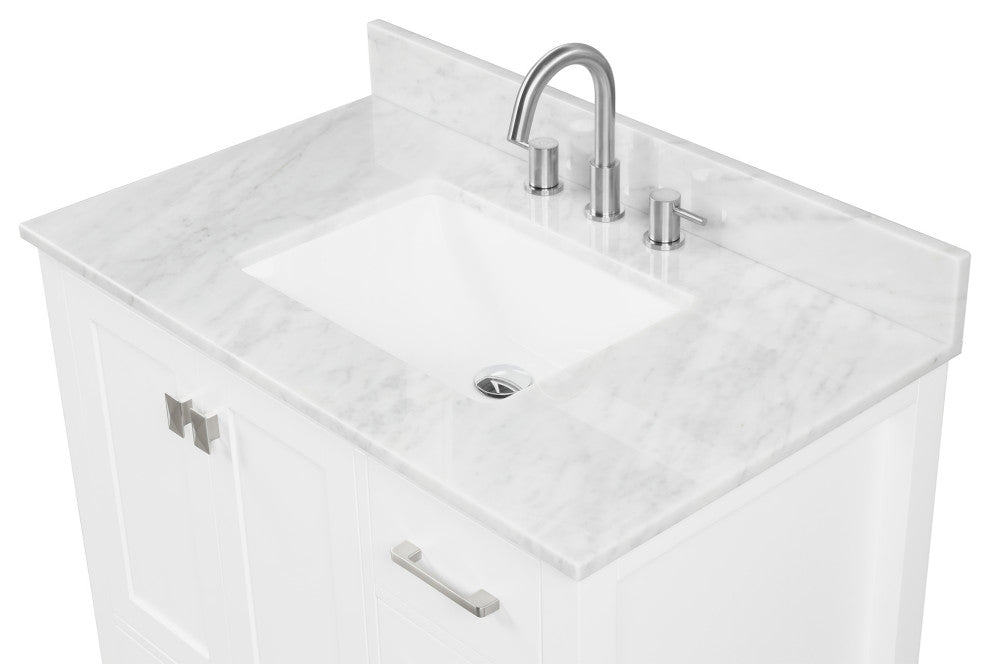 Freestanding Bathroom Vanity With Marble Countertop and Undermount Sink, White, 36" With Sink and Mirror