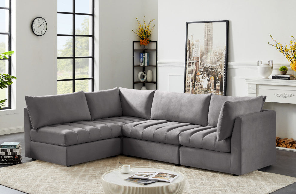 Jacob Velvet Upholstered 4-Piece L-Shaped Modular Sectional, Grey