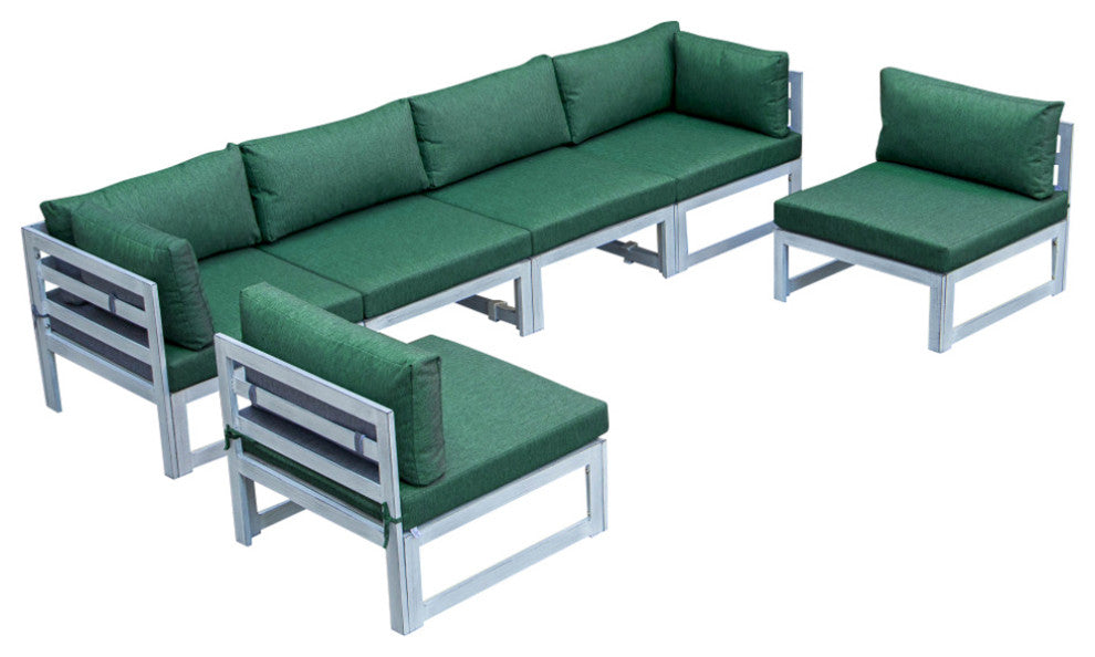 LeisureMod Chelsea 6-Piece Patio Sectional, Weathered Gray Aluminum, Green