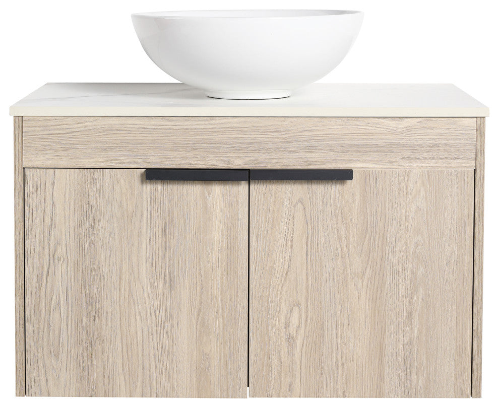 Wall-Mounted Bath Vanity, White Oak, White Ceramic Vessel Sink