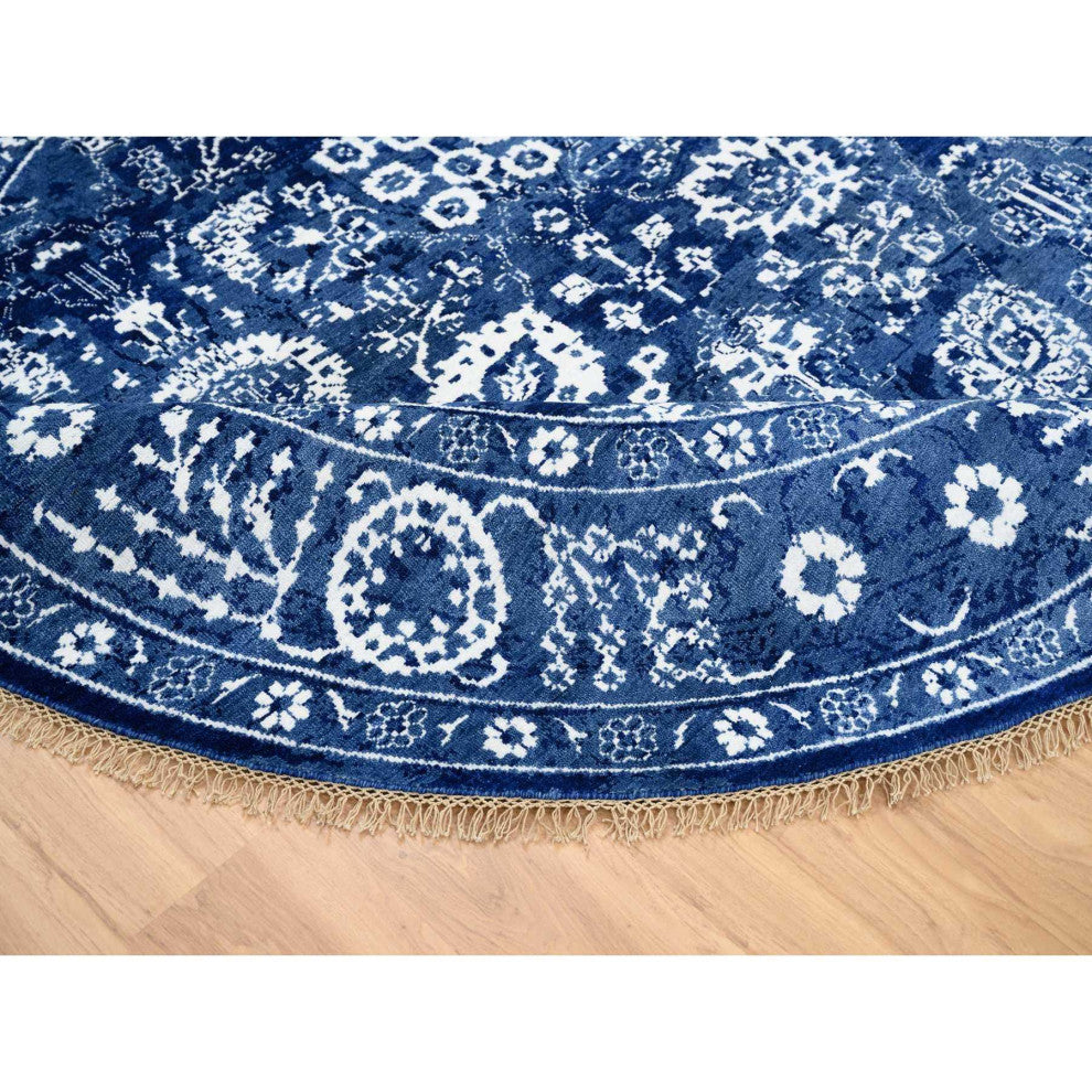 Denim Blue, Wool and Silk Hand Knotted, Tabriz Round Oriental Rug, 8'2"x8'2"