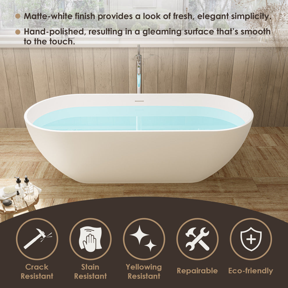 Ryder Flatbottom Freestanding Solid Surface Soaking Bathtub, Matte White, 69inch