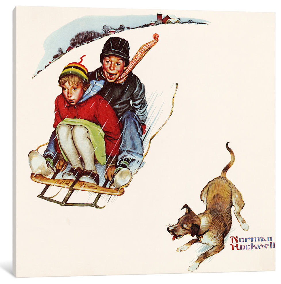 "Downhill Daring" by Norman Rockwell, Canvas Print, 18x18"