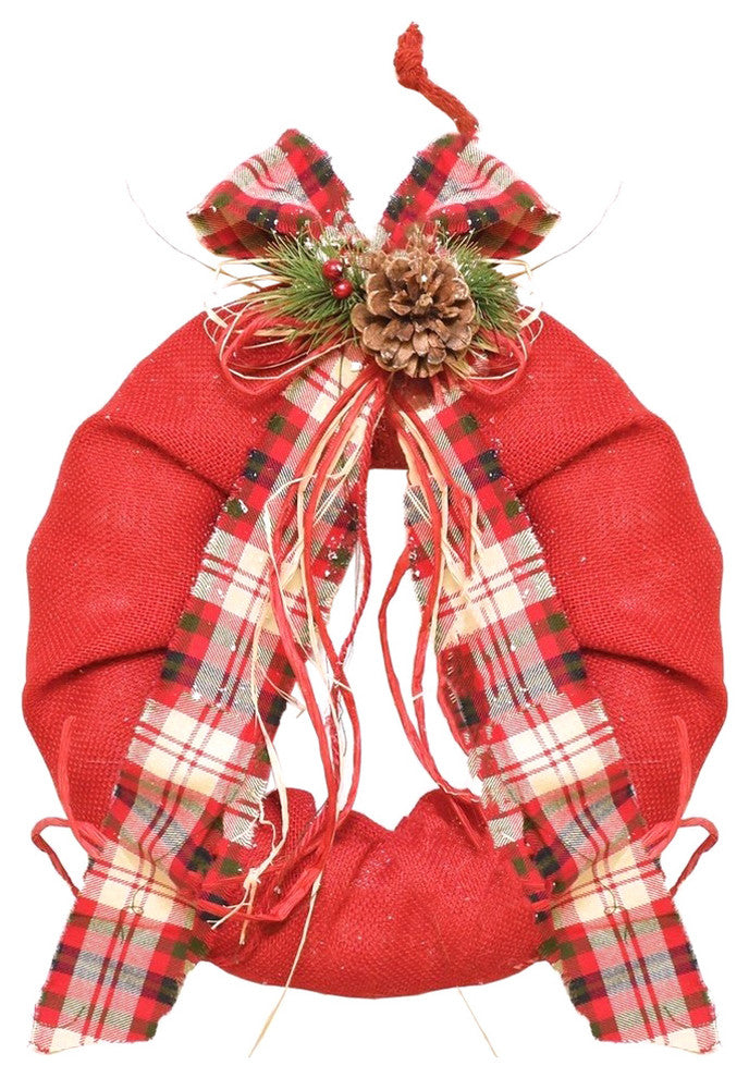 13" Red Burlap Wreath With Plaid Bow and Pine Accents