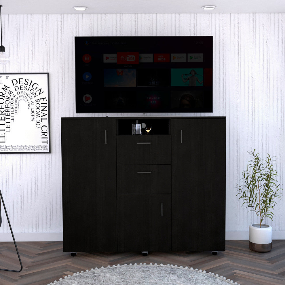 Sicilia Cabinet Dresser with 2 Drawers, Open Shelf, Rod, and 4 Casters, Black