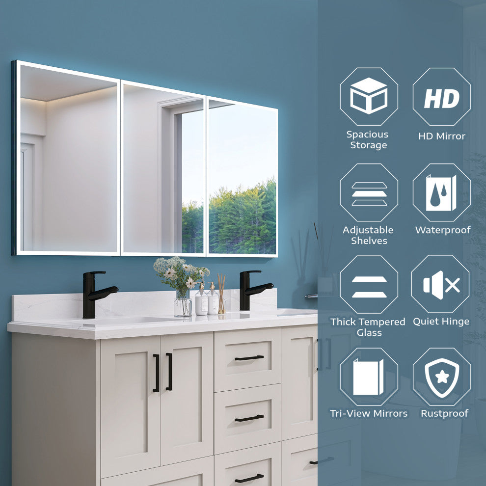 60'' W 30'' H Recessed Frameless Medicine Cabinet Mirror 9 Adjustable