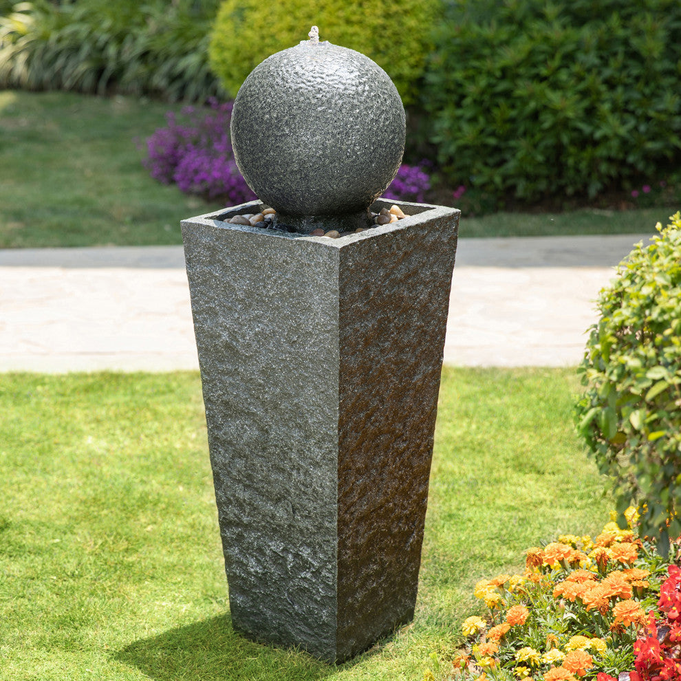 Geometric Pedestal and Sphere Polyresin Outdoor Fountain With LED Light and Pump