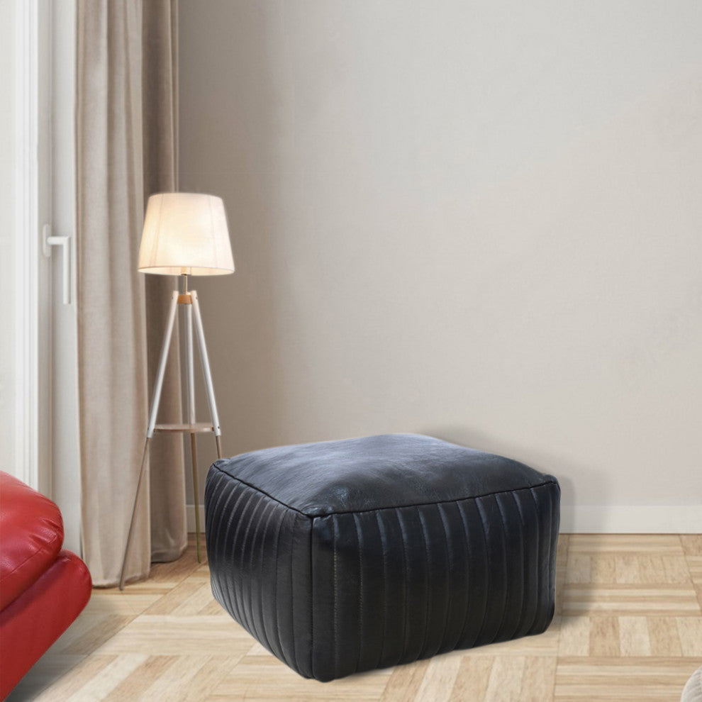 Poufs-Solid Handmade Goat Leather Pouf, Recycled Cotton Fill, Black, Square, 21x21x12