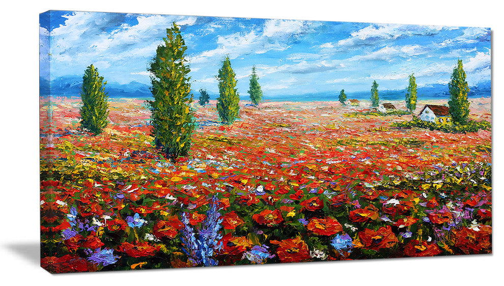 "Red Poppies Field Watercolor" Flower Canvas Wall Art, 32"x16"