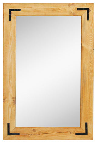 Natural Wood Framed With Metal Corner Bracket Mirror, Light