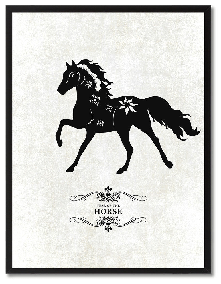 Horse Chinese Zodiac White Print on Canvas with Picture Frame, 28"x37"