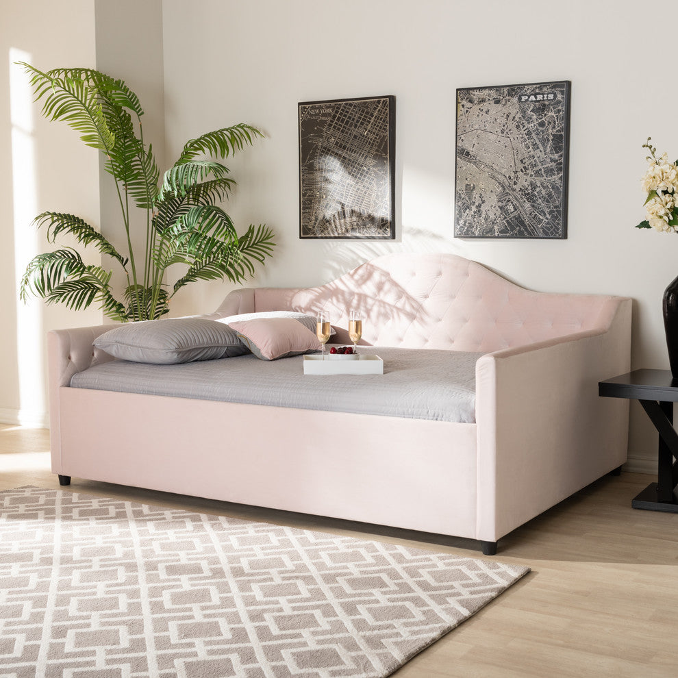Luanna Light Pink Velvet Fabric Upholstered and Button Tufted Queen Daybed