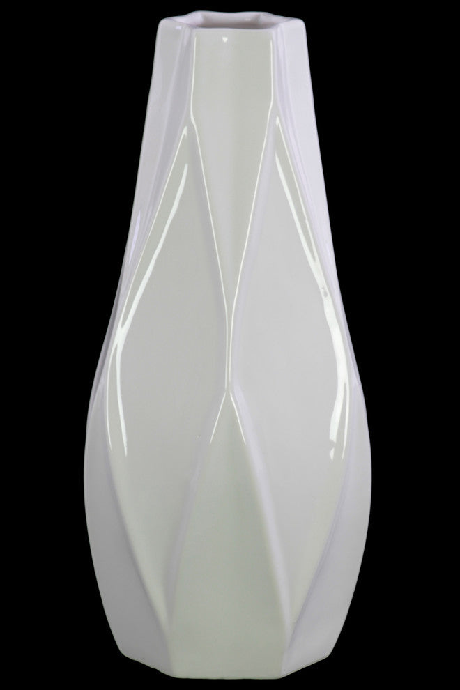 Bellied Round Vase, Star Lips, Geometric Design Body and Tapered Bottom, White