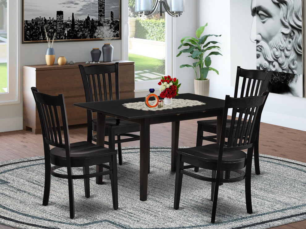 5-Pc Dining Table Set 4 Dining Chairs, Butterfly Leaf Table, Black