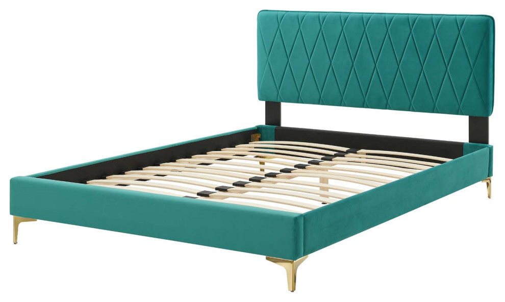 Platform Bed Frame, Queen Size, Velvet, Teal Blue, Modern Contemporary, Bedroom