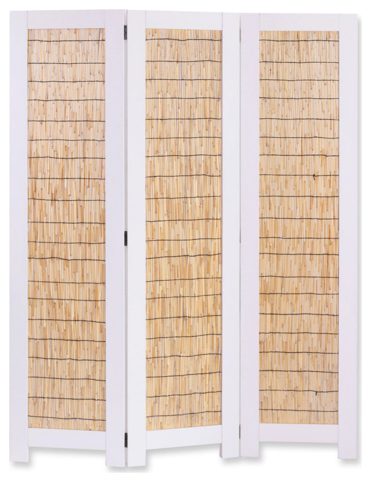 White And Natural Three Panel Room Divider Screen