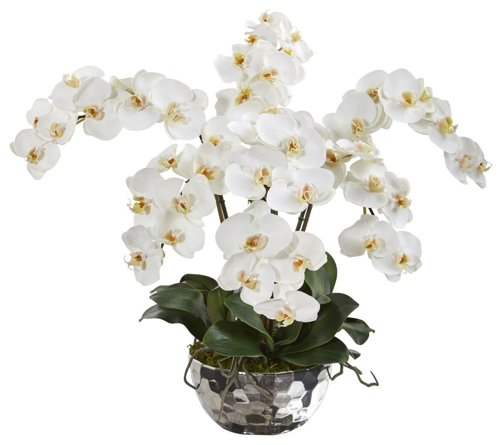 20" Phalaenopsis Orchid Artificial Arrangement, Silver Bowl