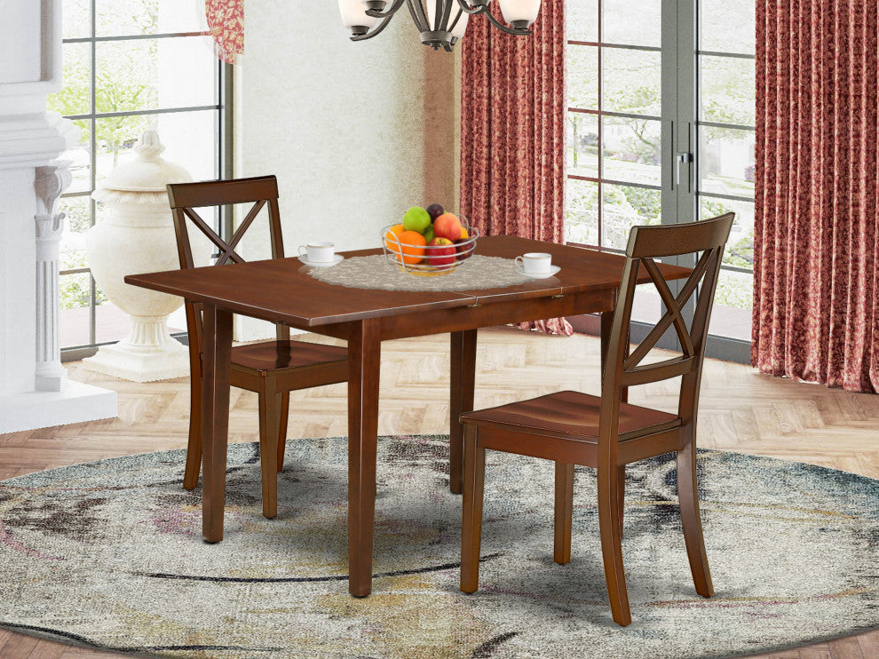 3Pc Rectangle 42/53.5" Dining Table, 12, Leaf And Two Wood Seat Dining Chairs