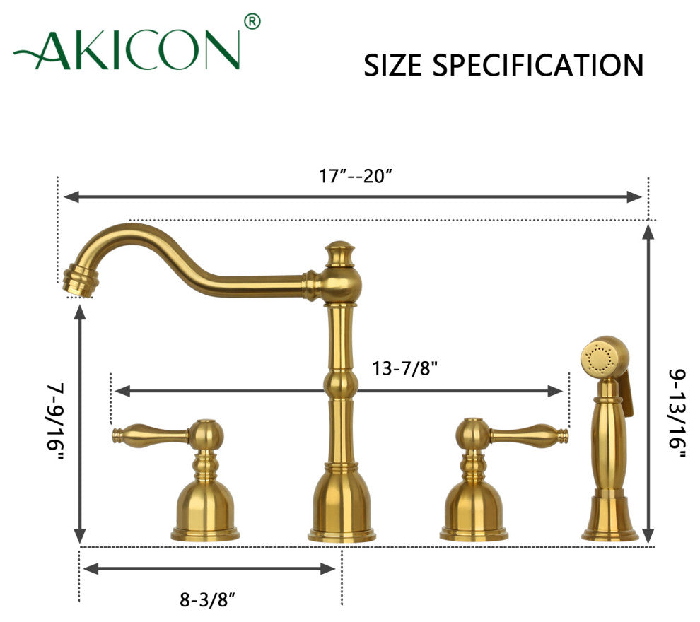Two-Handles Copper Widespread Kitchen Faucet with Side Sprayer, Brushed Gold
