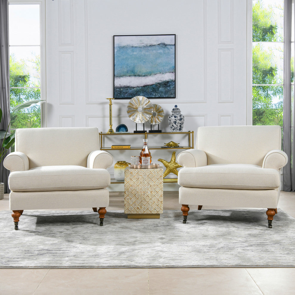 Alana 38" Lawson Accent Arm Chair, Metal Casters, Light Beige Linen