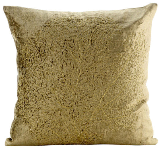 Zardozi Golden Tree 16"x16" Velvet Sage Green Pillow Cases, Gold Curiosity