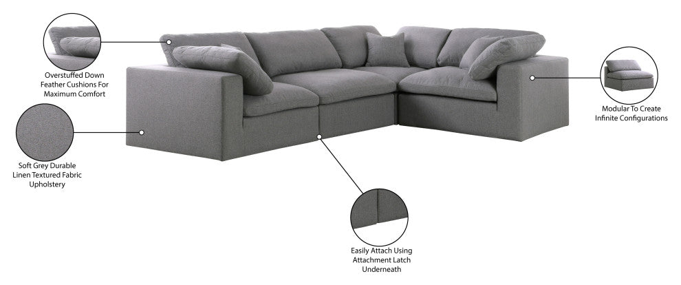 Serene Linen Textured Fabric Deluxe Comfort 4-Piece L-Shaped Sectional, Gray