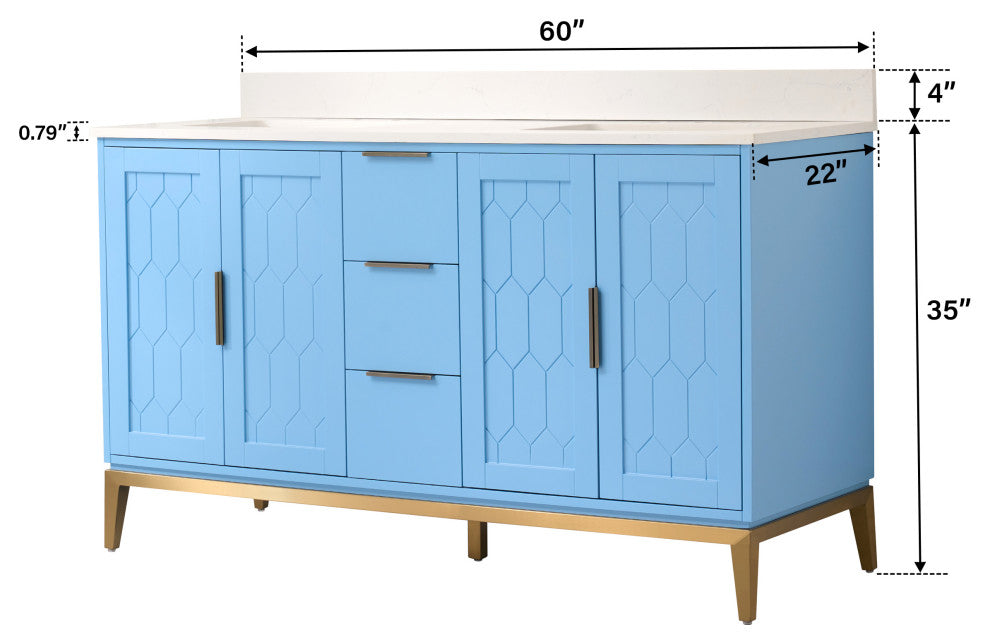 Alison Freestanding Bathroom Vanity with Italian Carrara White Marble Top, Light Blue, 60"