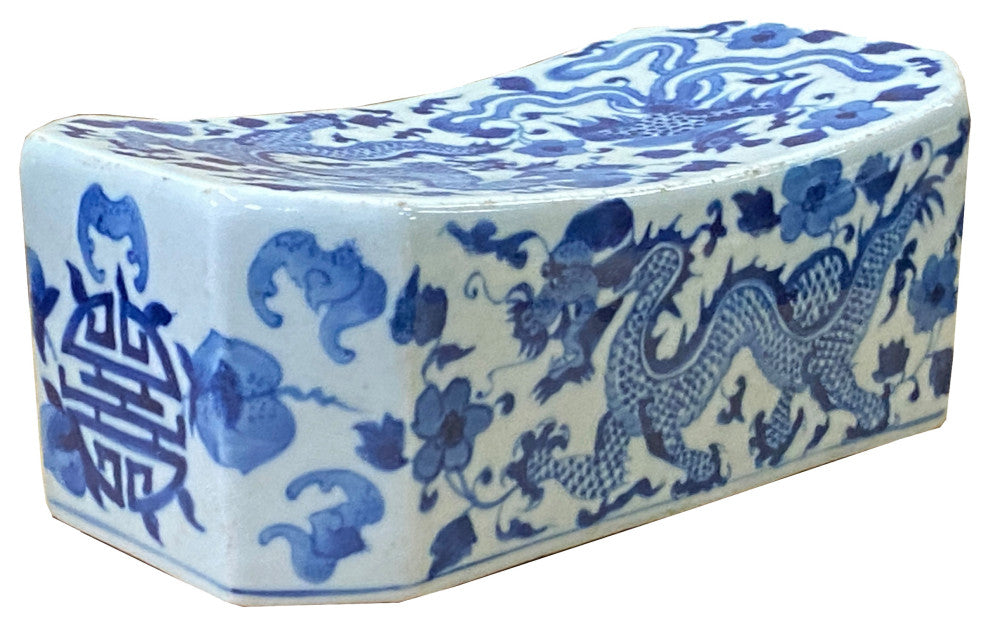 Chinese Blue White Porcelain Dragons Graphic Pillow Shape Display Hws2008