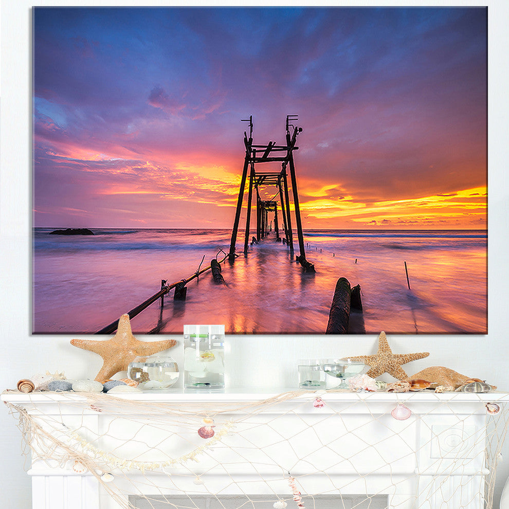 "Broken Wooden Bridge At Sunset" Sea Pier and Bridge Wall Art, 40"x30"
