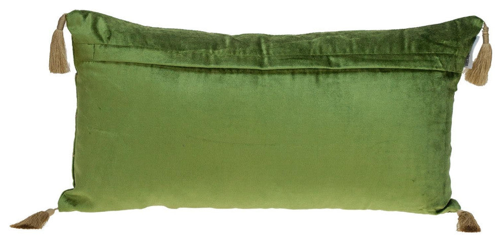 Olive and Gold Geo Velvet Lumbar Pillow With Gold Tassels