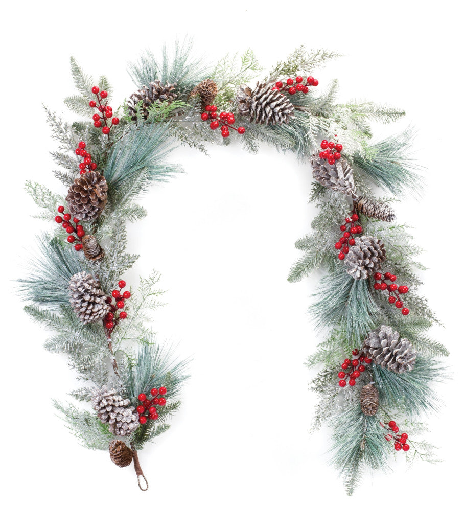 Frosted Pine Cone Berry Garland 6'L