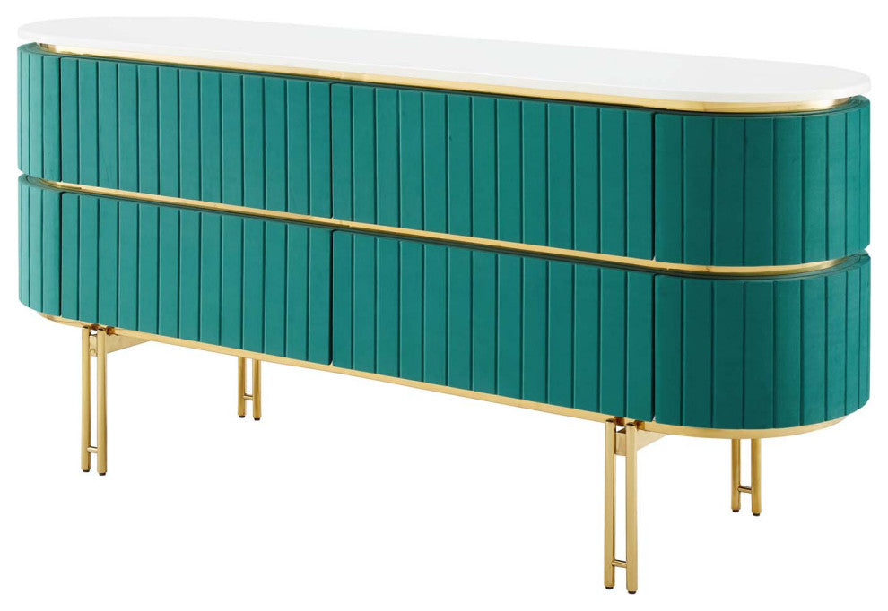 Console Entry Table Sideboard, White Teal Blue, Velvet, Modern Lounge Cafe