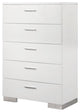 Bowery Hill 5 Drawer Chest in Glossy White and Silver