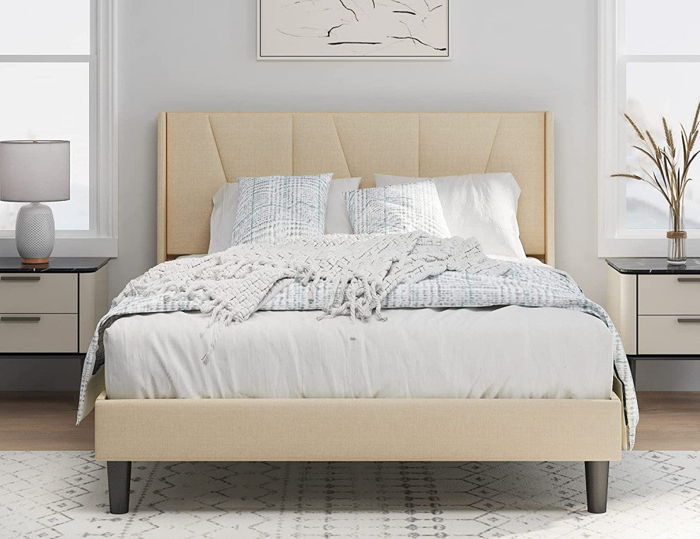Full Bed Frame, Upholstered Platform Bed with Geometric Headboard and Wingback