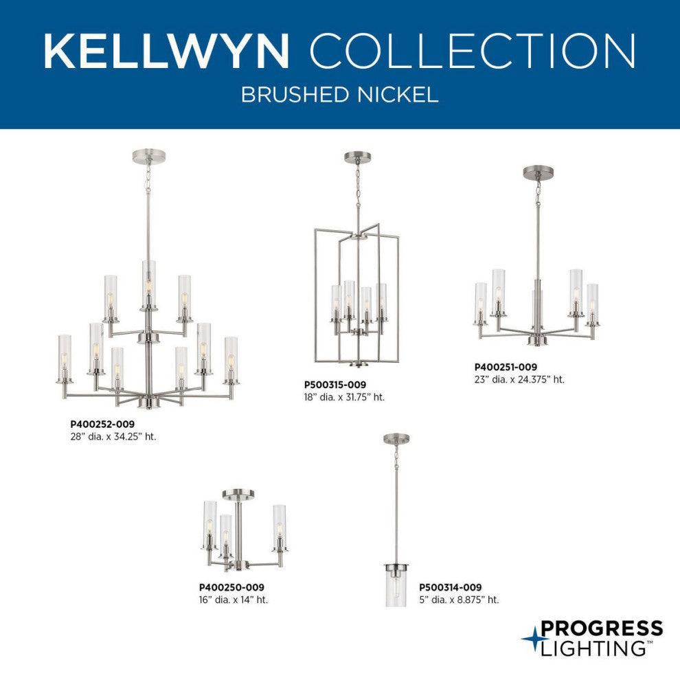 Kellwyn Five Light Chandelier, Brushed Nickel