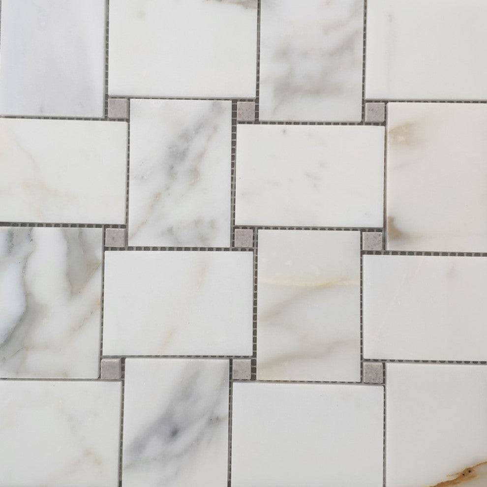 Calacatta Gold Marble Basketweave Mosaic Tile Cinderella Gray Polished, 1 sheet